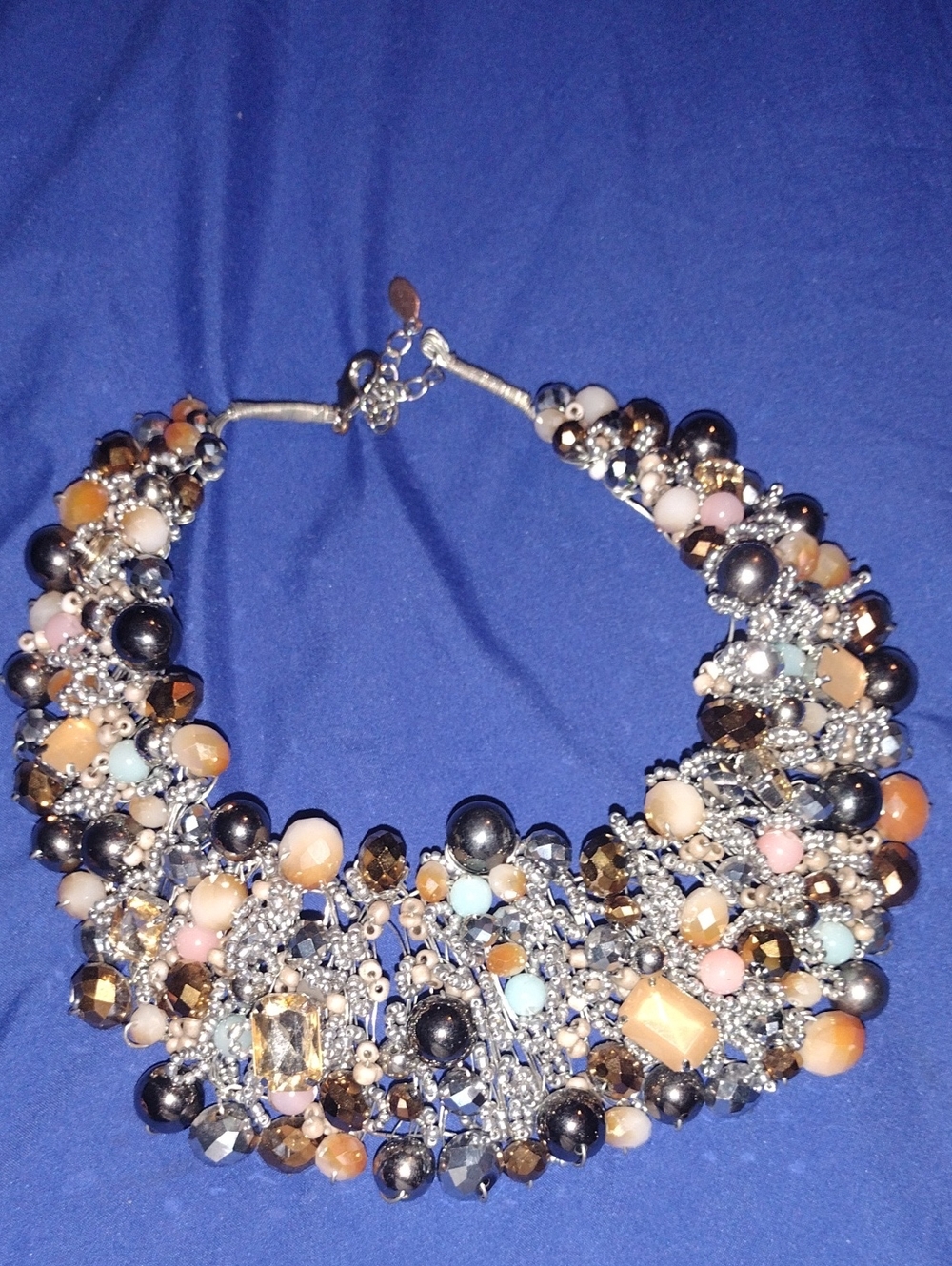 Statement Beaded Collar Necklace in Mixed Pastel and Metallic Tones